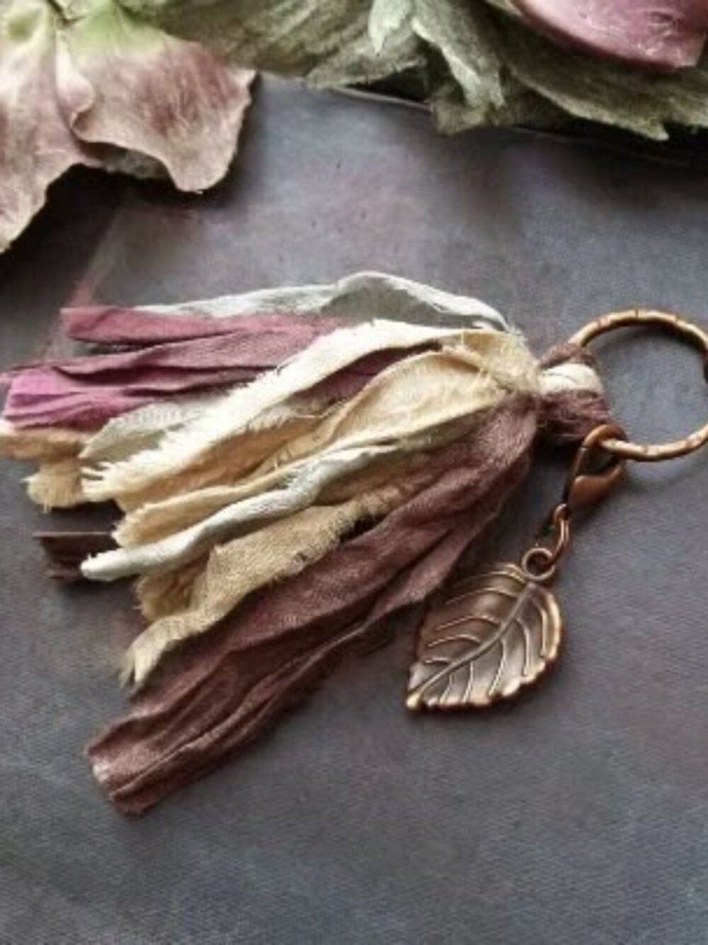 Boho Sari Silk Tassel Keychain Handmade Bronze Leaf Purse Charm